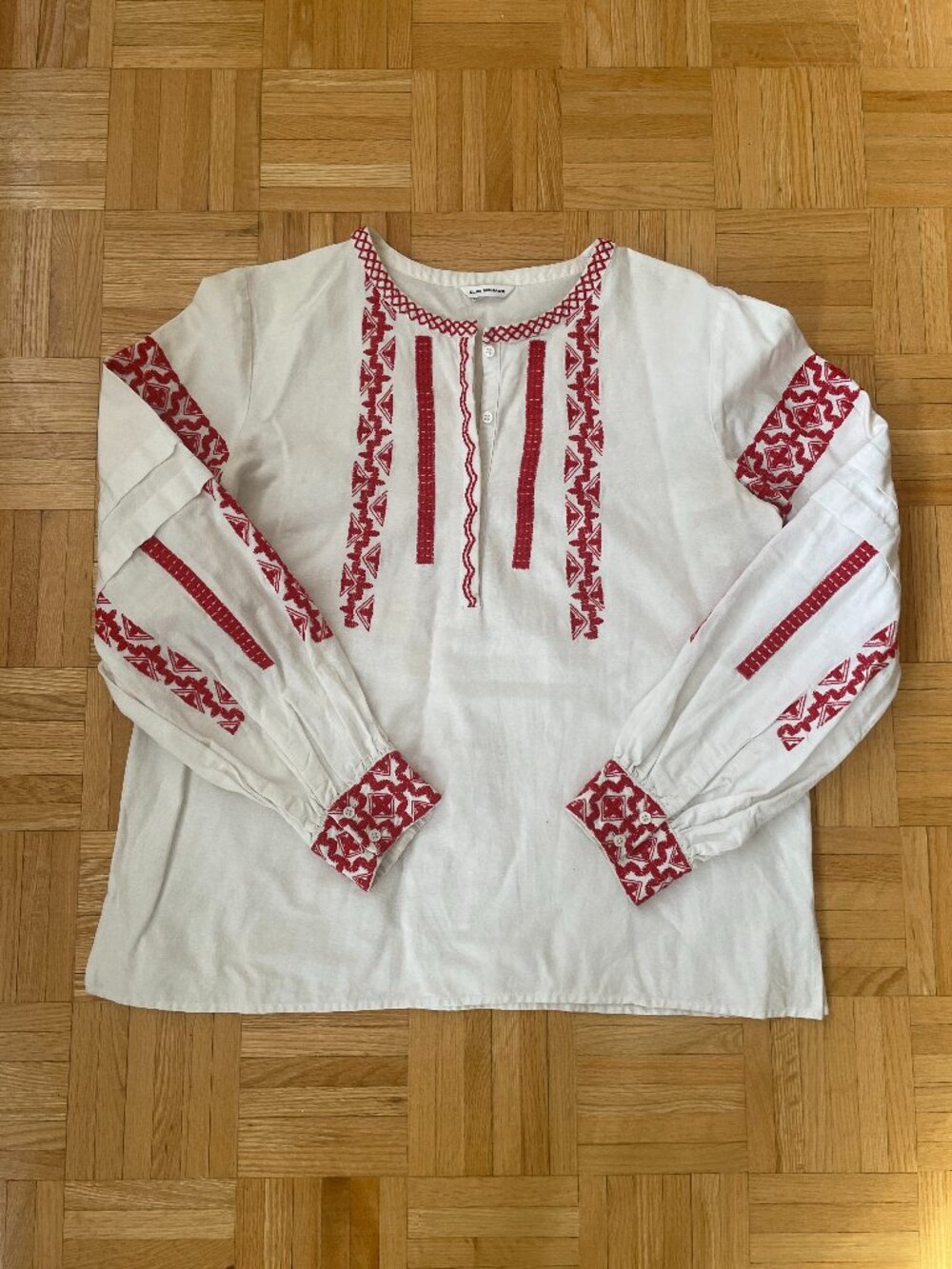 Club Monaco Red and White Embroidered Blouse
